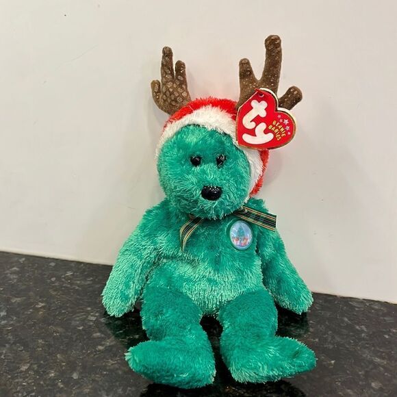 Ty Beanie Baby “2002 Holiday Teddy” the Green Reindeer Bear (8.5 inch) - Picture 1 of 9